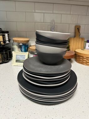 Matte Wheat Gray Dinnerware Set - Stackable Plates & Bowls set of 18
